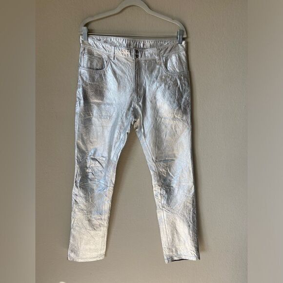 The Mighty Company The Queensway Lamb Leather Silver Pants Straight Leg Size 12 - Picture 9 of 13